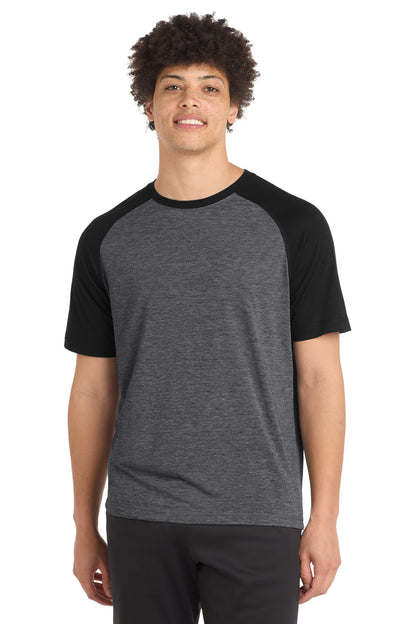 Front View of Black TS/DGH Sport-Tek PosiCharge Tri-Blend Wicking Raglan Tee. ST400 plain
