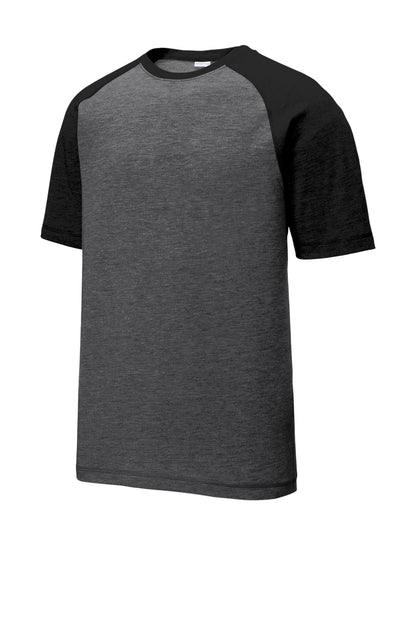 Front View of Black TS/DGH Sport-Tek PosiCharge Tri-Blend Wicking Raglan Tee. ST400 plain