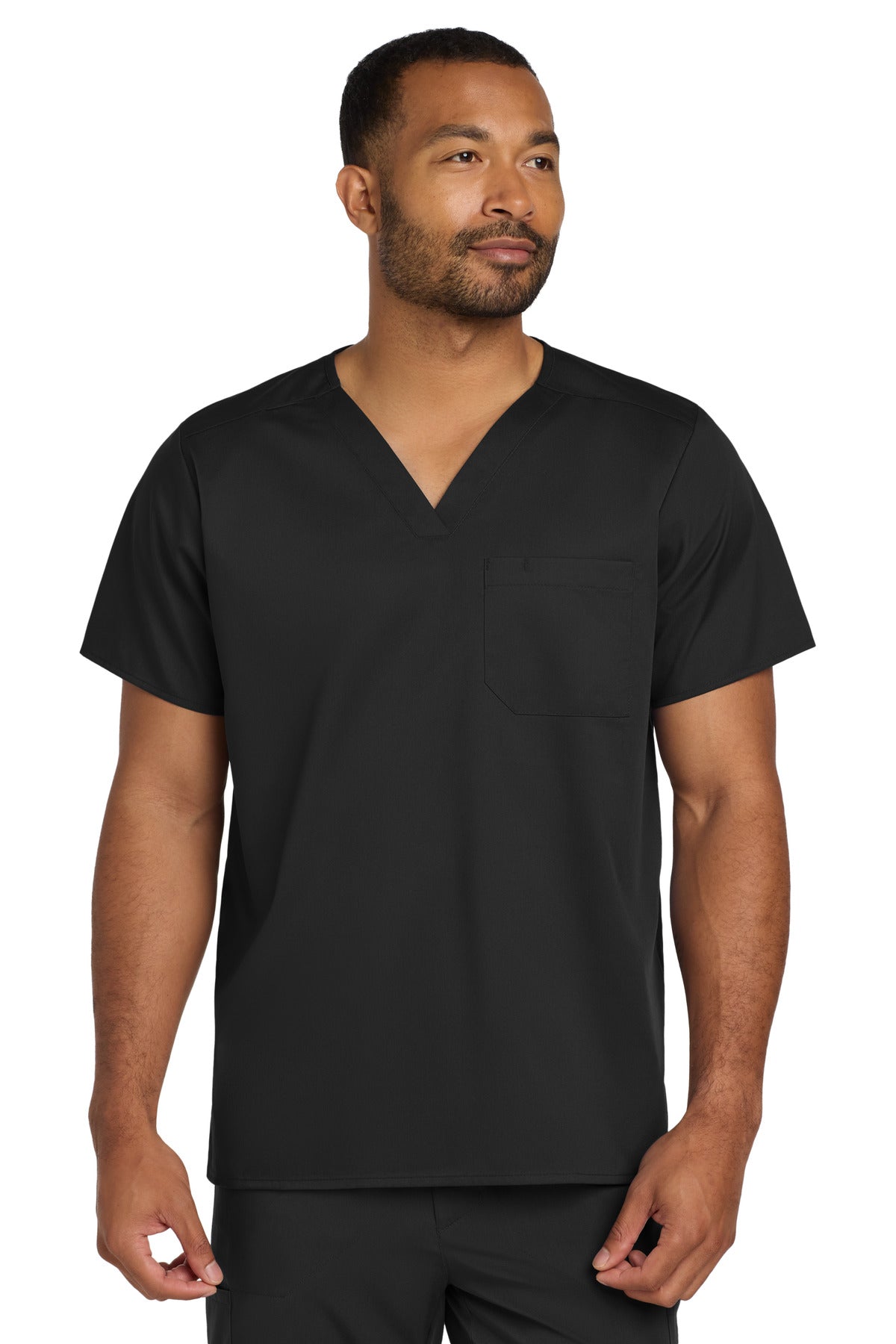 Front View of Black Wink Unisex WorkFlex Chest Pocket V-Neck Top WW3160 plain