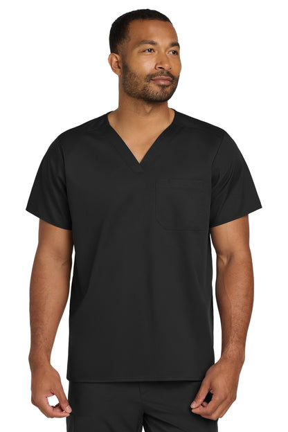 Front View of Black Wink Unisex WorkFlex Chest Pocket V-Neck Top WW3160 plain