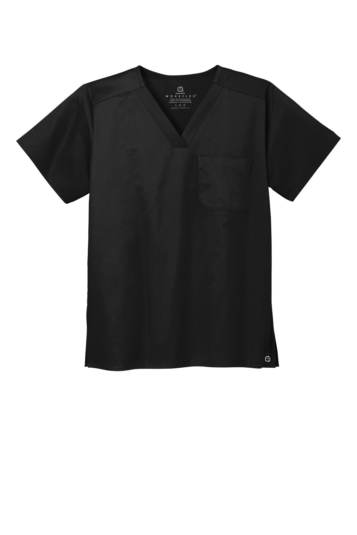 Front View of Black Wink Unisex WorkFlex Chest Pocket V-Neck Top WW3160 plain