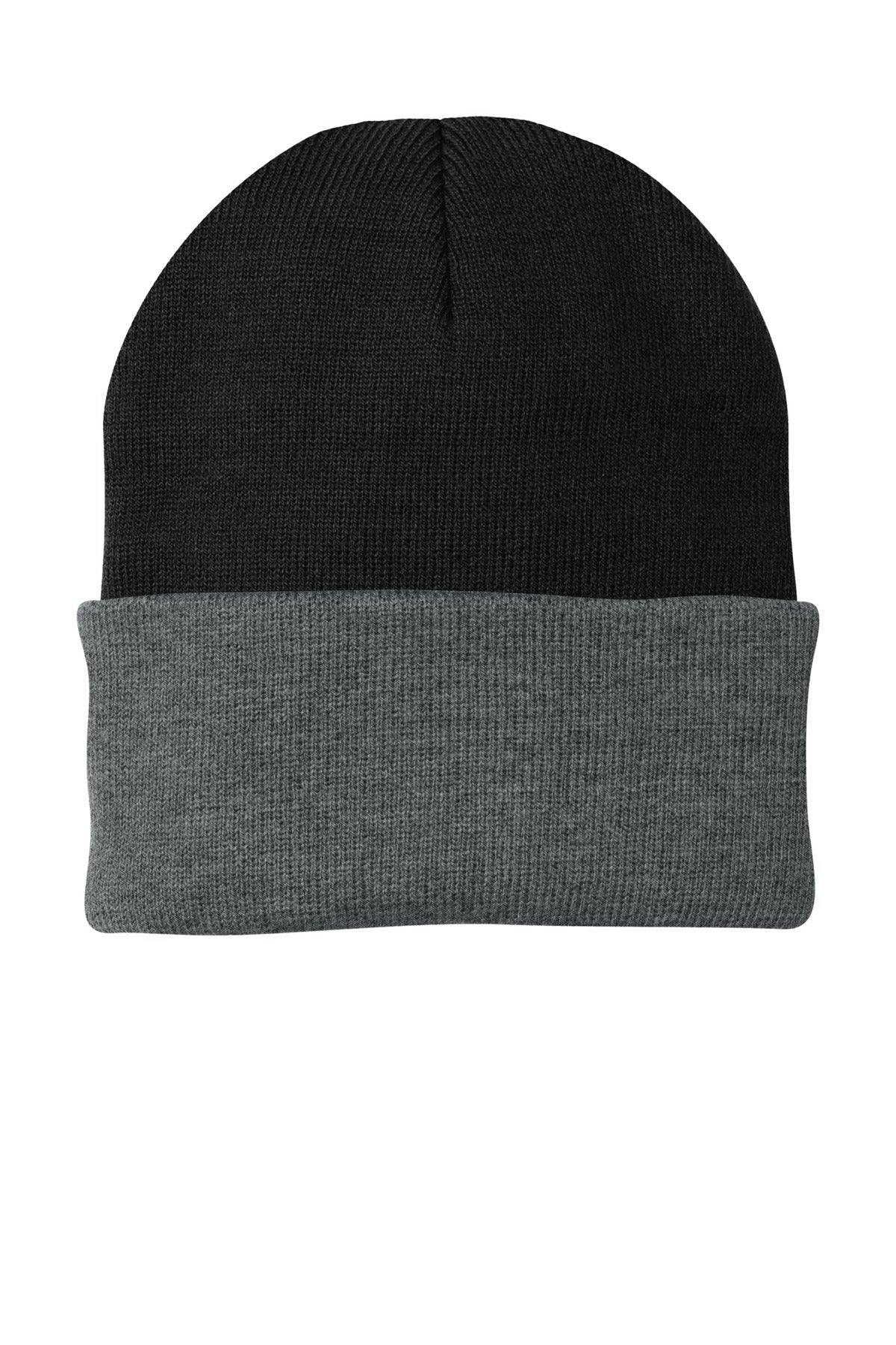 Front View of Black/Ath Oxfd Port Authority Knit Cap. CP90 plain