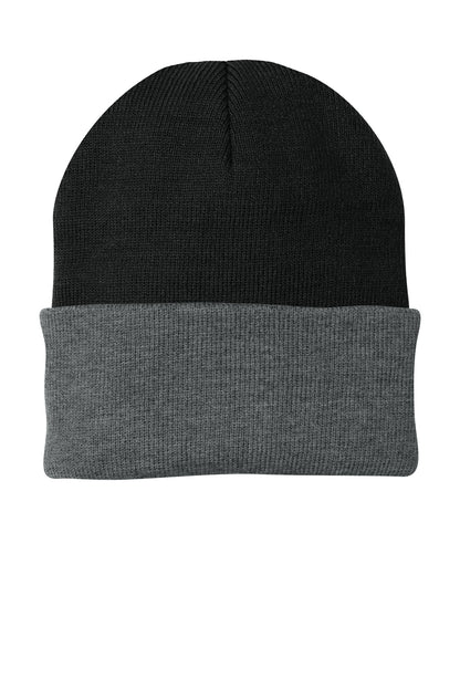 Front View of Black/Ath Oxfd Port Authority Knit Cap. CP90 plain