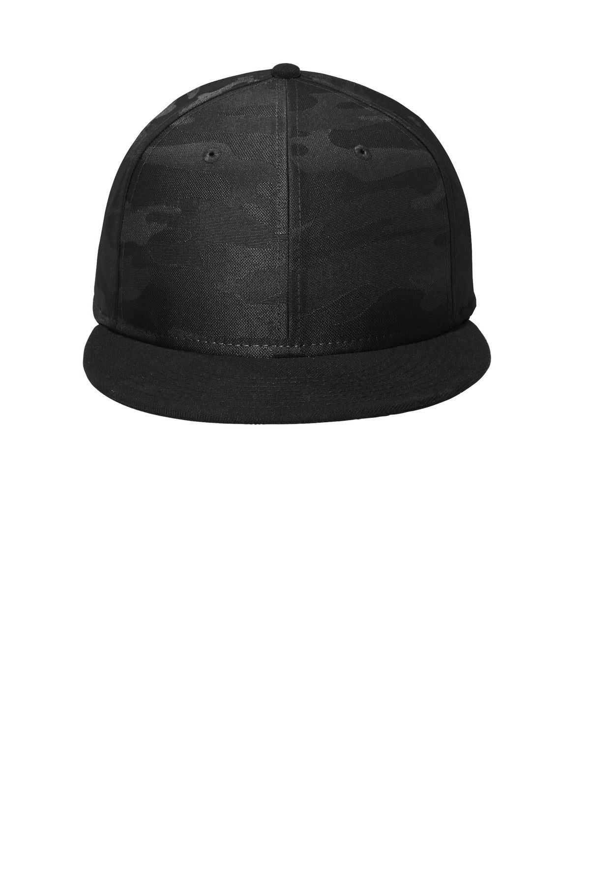 Front View of Black/Black Ca New Era Camo Flat Bill Snapback Cap NE407 plain