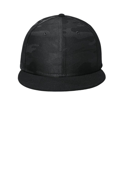 Front View of Black/Black Ca New Era Camo Flat Bill Snapback Cap NE407 plain