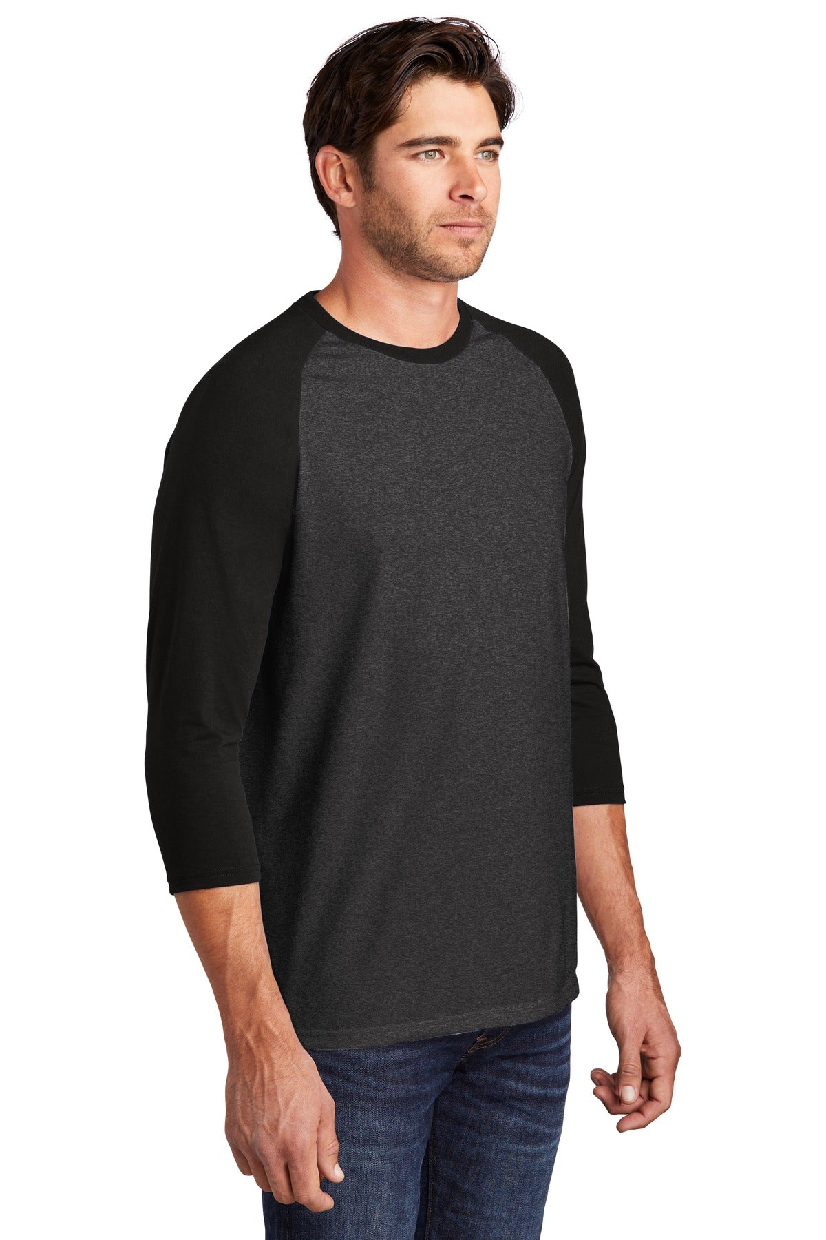Front View of Black/Black Fr District Perfect Tri 3/4-Sleeve Raglan. DM136 plain