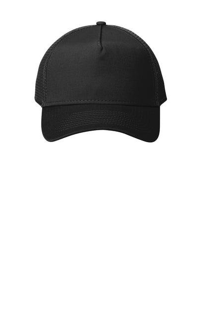 Front View of Black/Black New Era Snapback Trucker Cap. NE205 plain