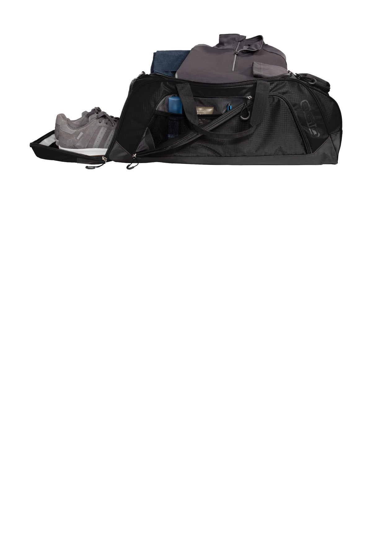 Front View of Black/Black OGIO Transition Duffel. 411097 plain