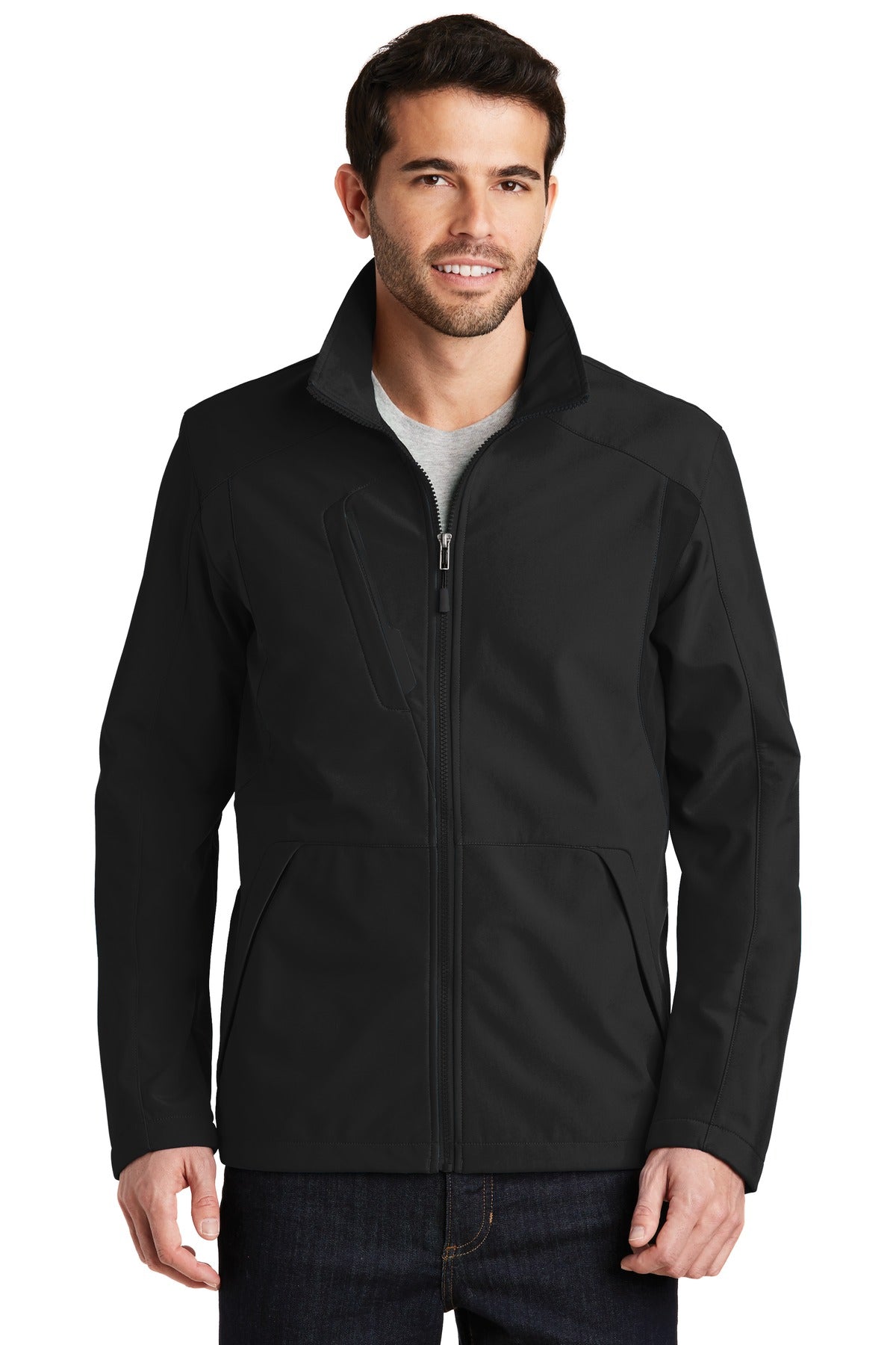 Front View of Black/Black Port Authority Back-Block Soft Shell Jacket. J336 plain