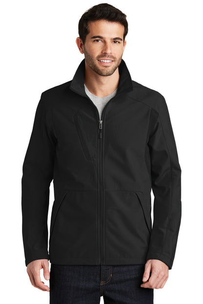 Front View of Black/Black Port Authority Back-Block Soft Shell Jacket. J336 plain