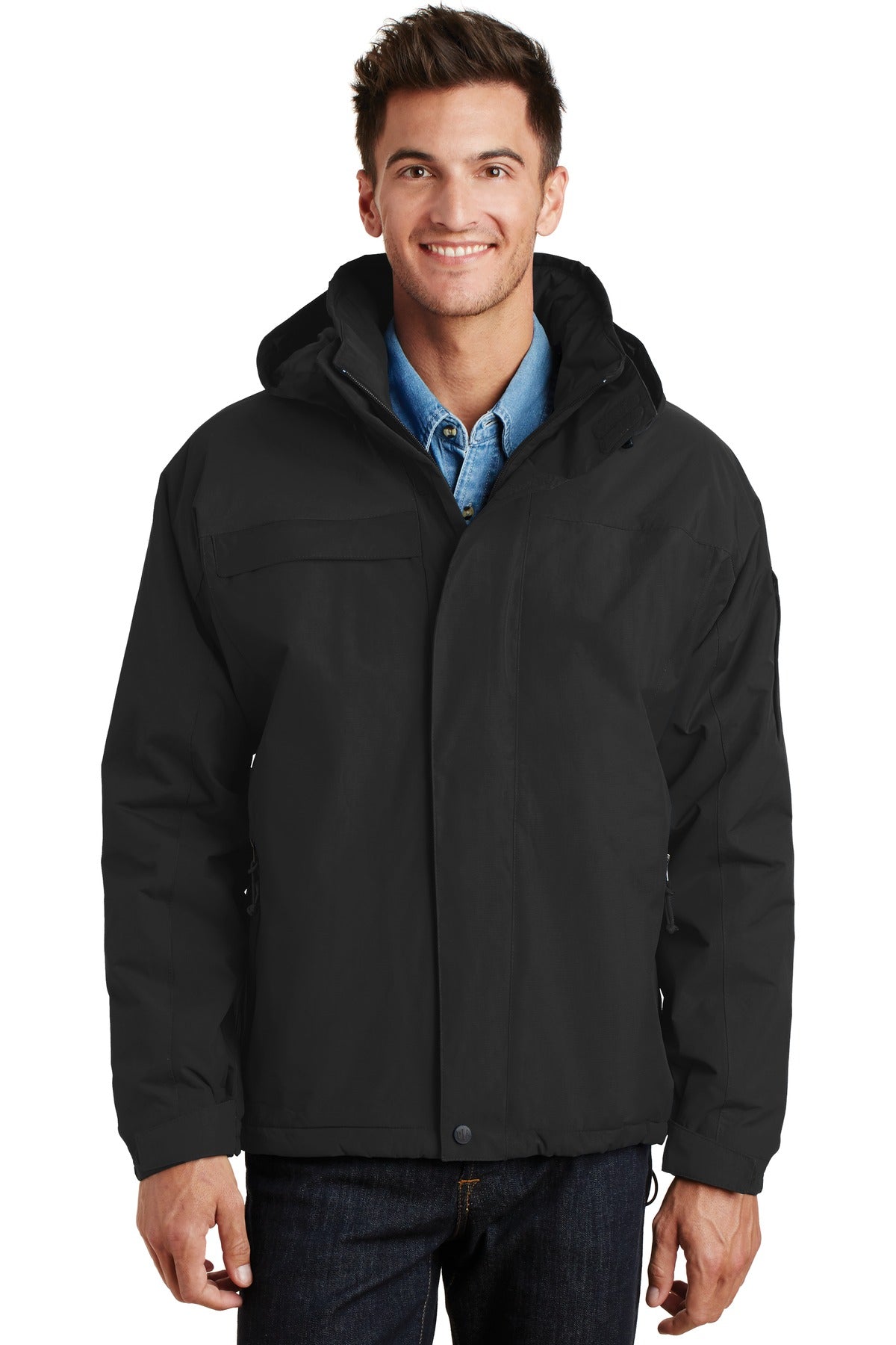 Front View of Black/Black Port Authority Nootka Jacket. J792 plain