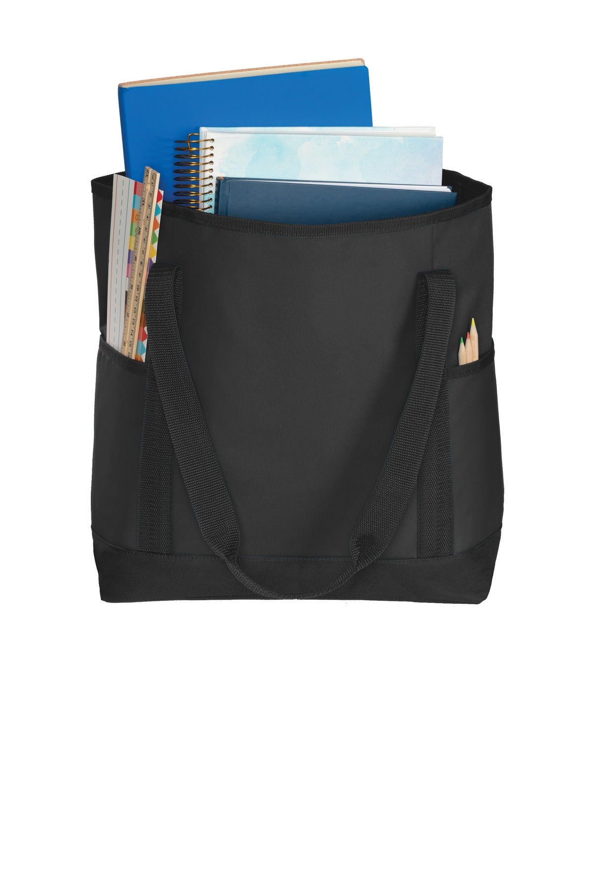 Front View of Black/Black Port Authority On-The-Go Tote. BG411 plain