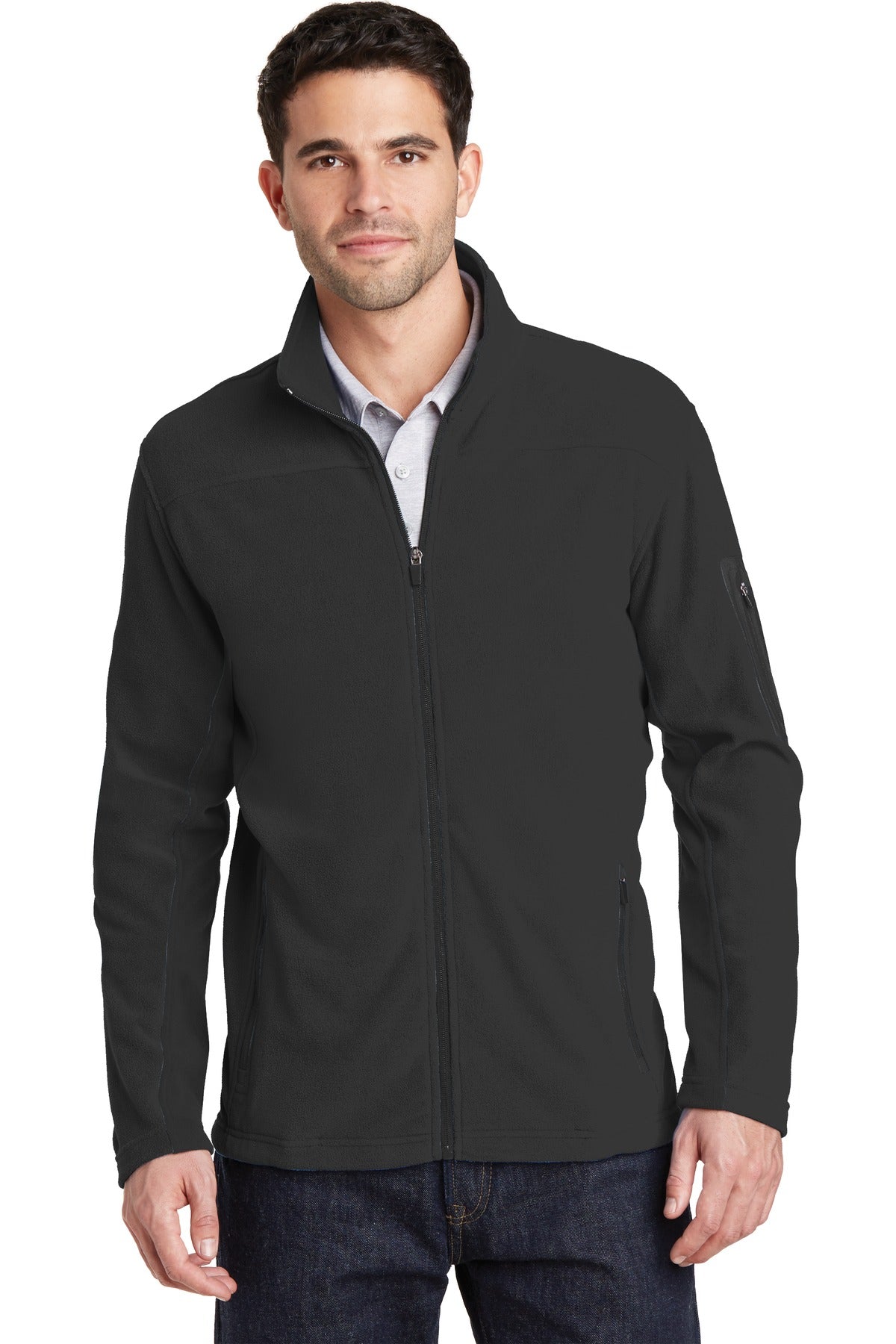 Front View of Black/Black Port Authority Summit Fleece Full-Zip Jacket. F233 plain