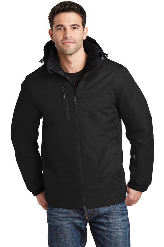 Front View of Black/Black Port Authority Vortex Waterproof 3-in-1 Jacket. J332 plain