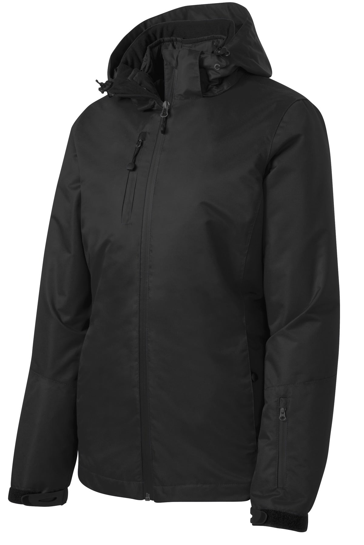Front View of Black/Black Port Authority Women's Vortex Waterproof 3-in-1 Jacket. L332 plain