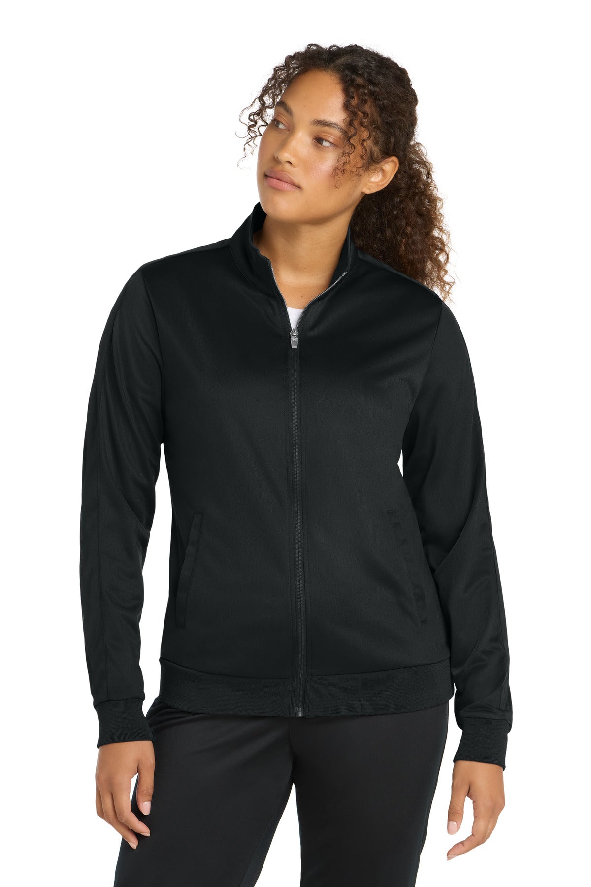 Front View of Black/Black Sport-Tek Ladies Tricot Sleeve Stripe Track Jacket. LST94 plain