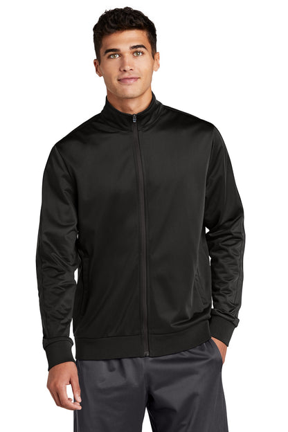 Front View of Black/Black Sport-Tek Tricot Sleeve Stripe Track Jacket. JST94 plain