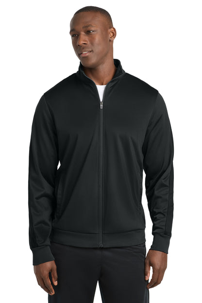 Front View of Black/Black Sport-Tek Tricot Sleeve Stripe Track Jacket. JST94 plain