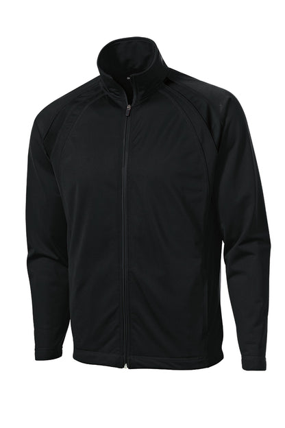 Front View of Black/Black Sport-Tek Tricot Track Jacket. JST90 plain