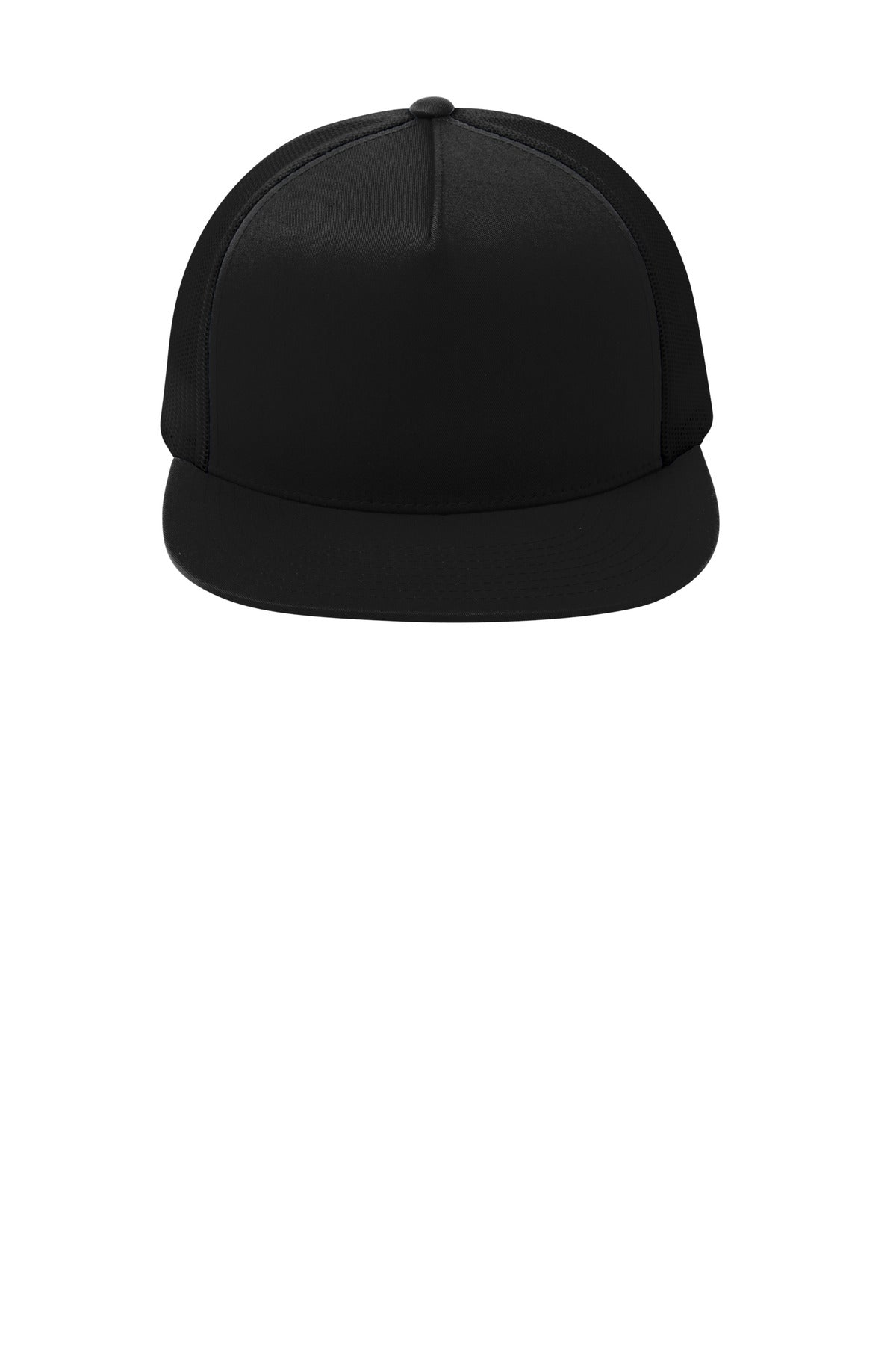 Front View of Black/Black Sport-Tek YP Classics 5-Panel Classic Trucker Mesh Back Cap. STC38 plain