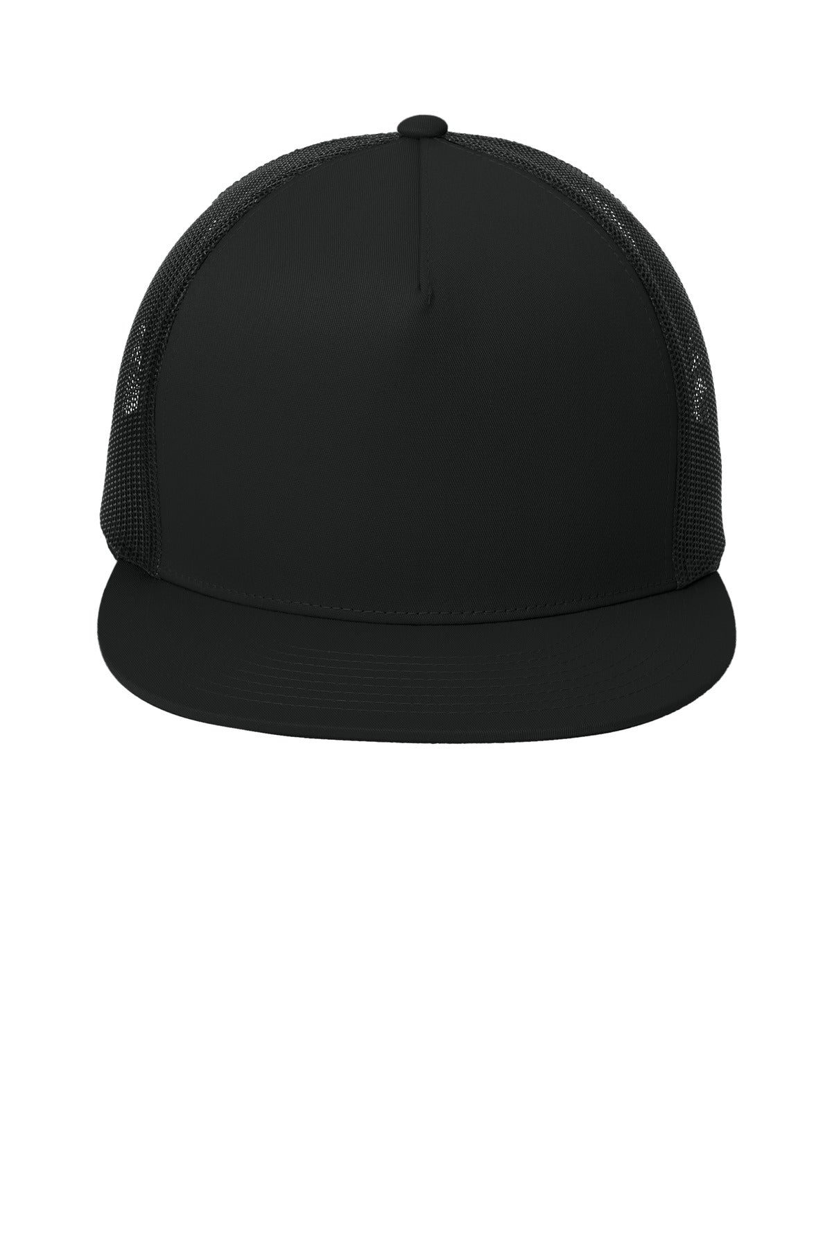 Front View of Black/Black Sport-Tek YP Classics 5-Panel Classic Trucker Mesh Back Cap. STC38