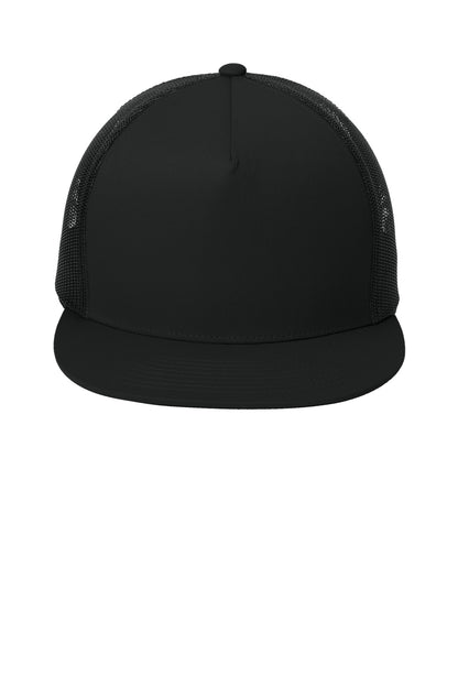 Front View of Black/Black Sport-Tek YP Classics 5-Panel Classic Trucker Mesh Back Cap. STC38