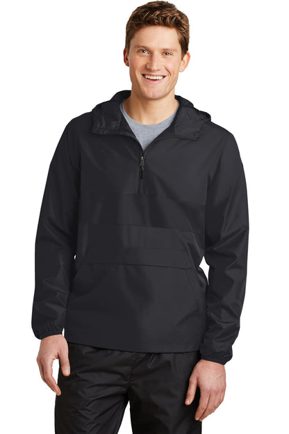 Front View of Black/Black Sport-Tek Zipped Pocket Anorak. JST65 plain