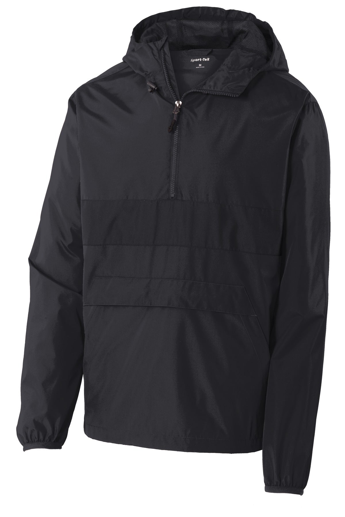 Front View of Black/Black Sport-Tek Zipped Pocket Anorak. JST65 plain