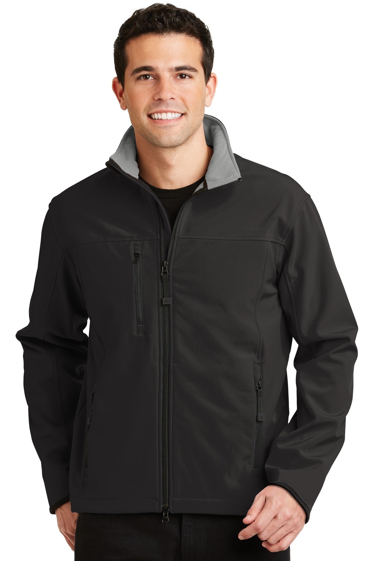 Front View of Black/Chrome Port Authority Glacier Soft Shell Jacket. J790 plain