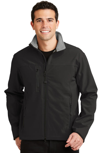 Front View of Black/Chrome Port Authority Glacier Soft Shell Jacket. J790 plain
