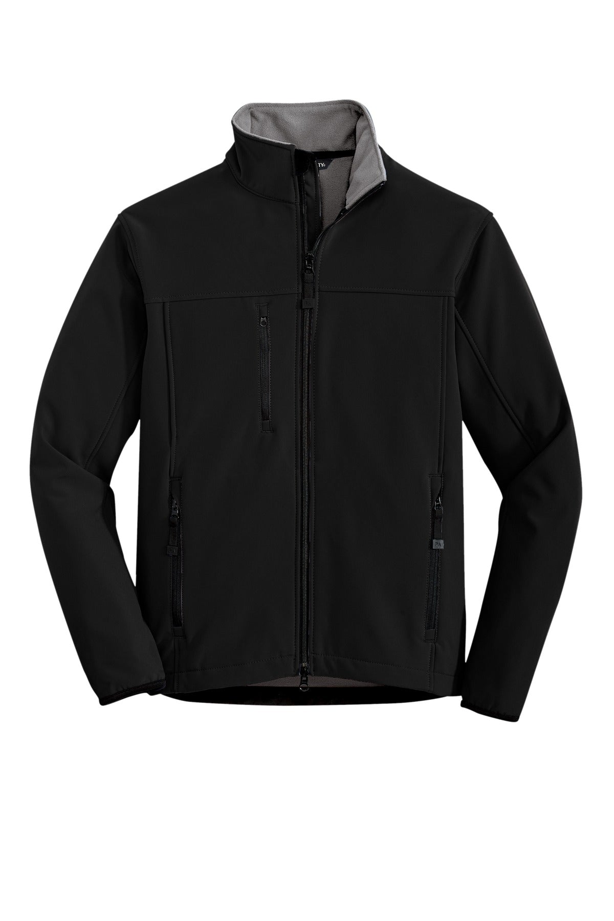 Front View of Black/Chrome Port Authority Tall Glacier Soft Shell Jacket. TLJ790 plain