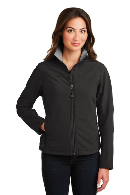Front View of Black/Chrome Port Authority Women's Glacier Soft Shell Jacket. L790 plain