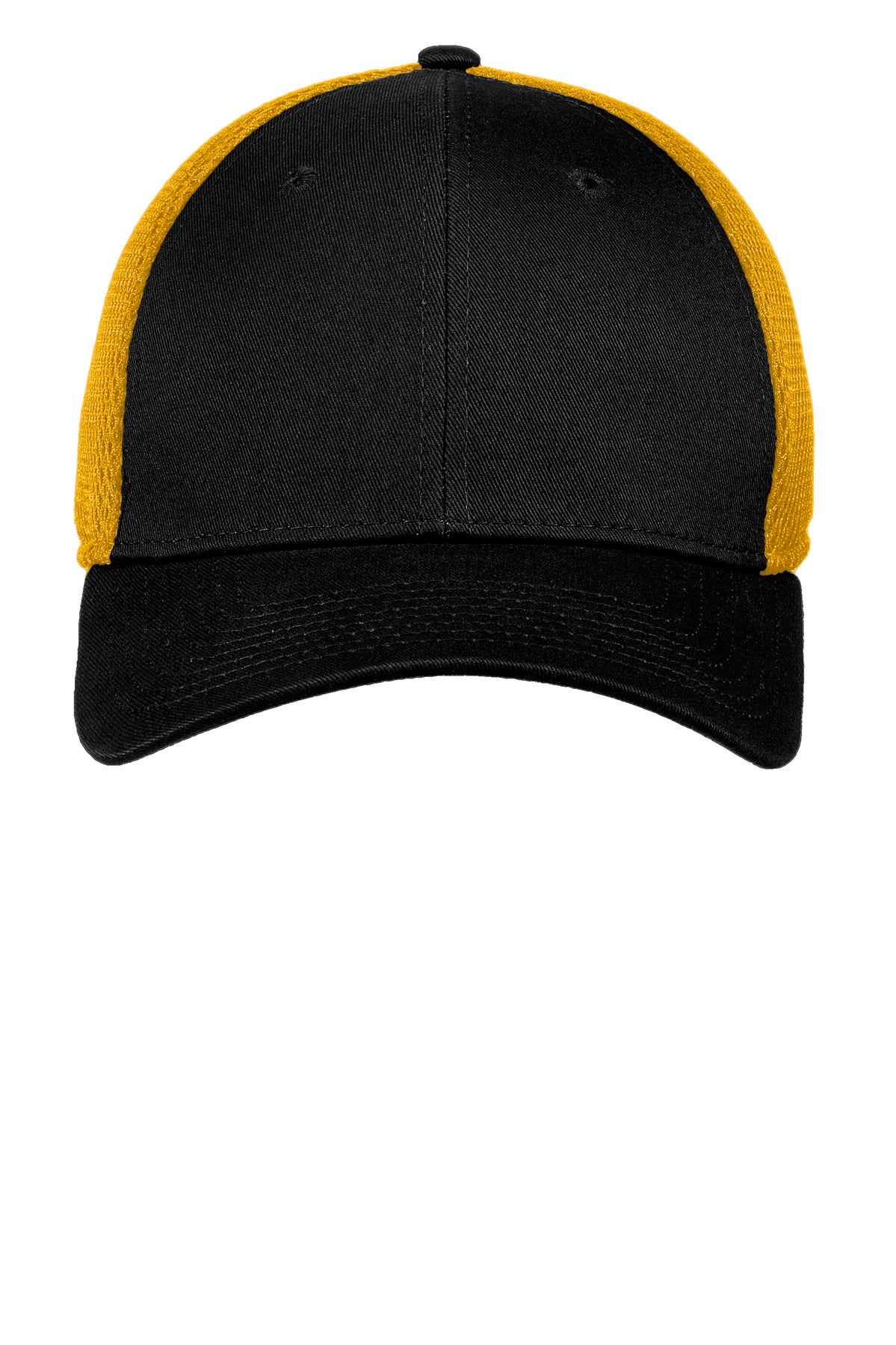 Front View of Black/Gold New Era - Stretch Mesh Cap. NE1020 plain