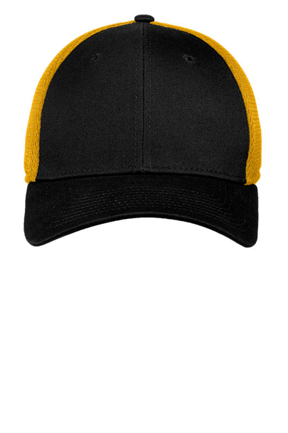 Front View of Black/Gold New Era - Stretch Mesh Cap. NE1020 plain