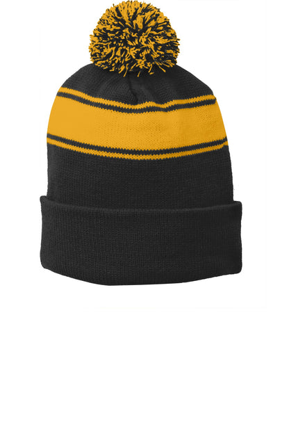 Front View of Black/Gold Sport-Tek Stripe Pom Pom Beanie. STC28 plain