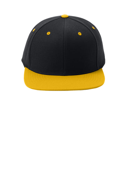 Front View of Black/Gold Sport-Tek YP Classics Flat Bill Snapback Cap. STC19 plain