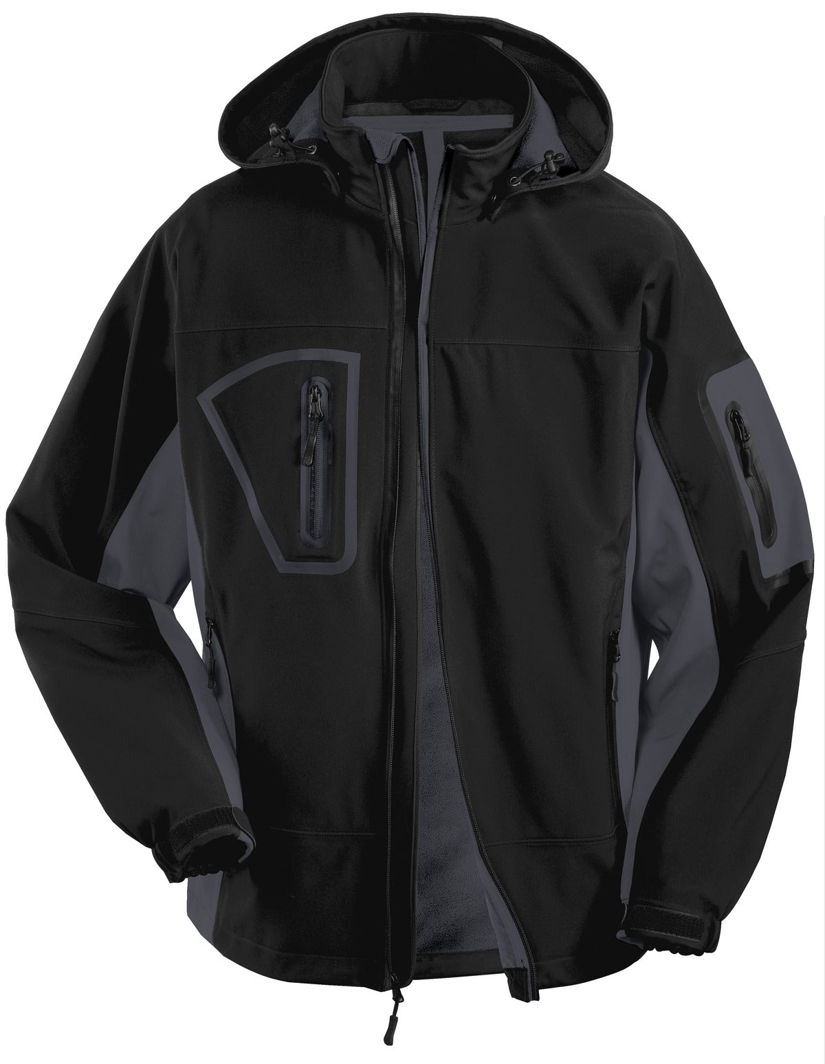 Front View of Black/Graphite Port Authority Tall Waterproof Soft Shell Jacket. TLJ798 plain