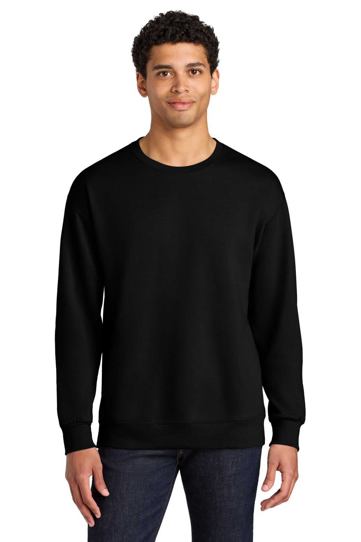 Front View of BlackInk Jerzees Ultimate Unisex CVC Ring Spun Crewneck Sweatshirt IC48M plain