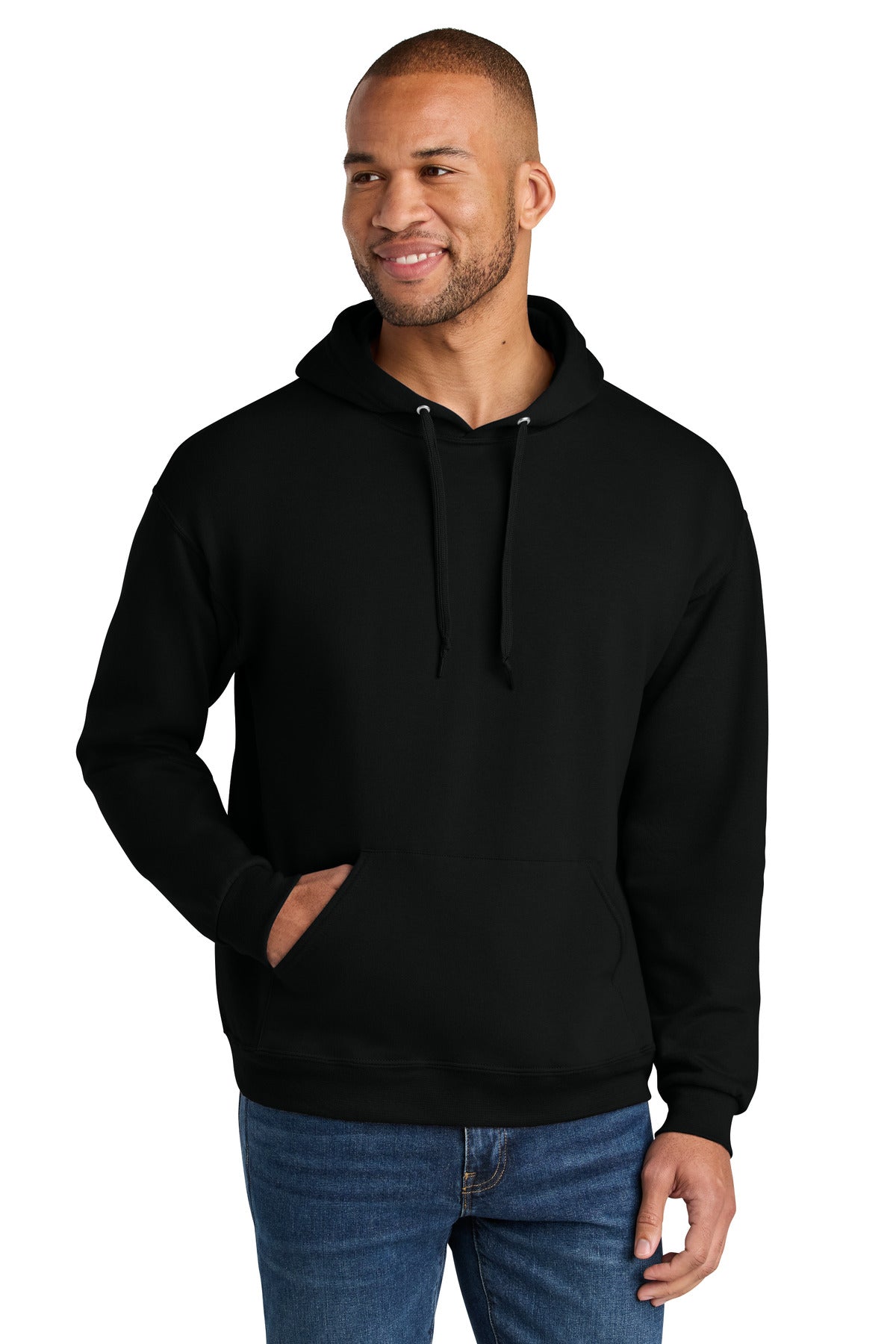 Front View of BlackInk Jerzees Ultimate Unisex CVC Ring Spun Hooded Sweatshirt IC49M plain