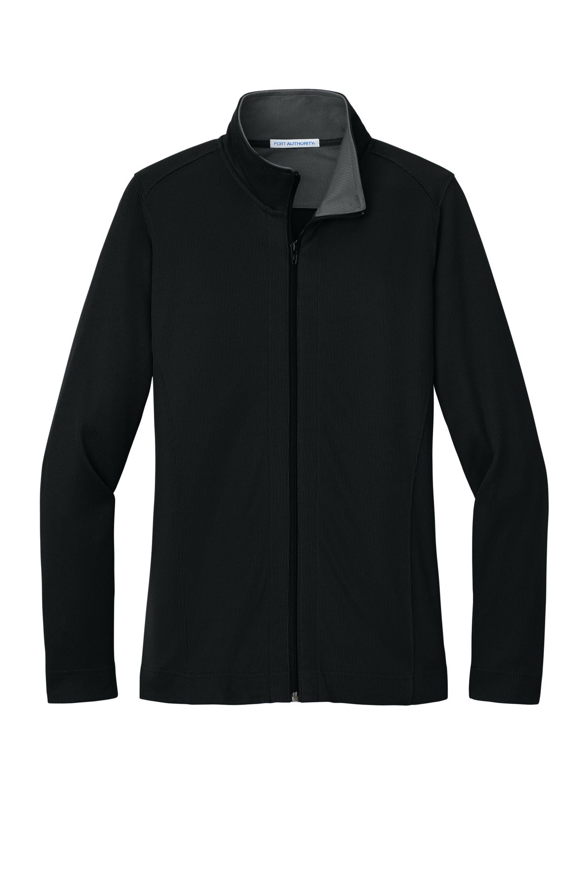 Front View of Black/Iron Gry Port Authority Women's Vertical Texture Full-Zip Jacket. L805 plain
