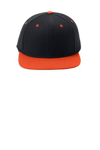 Front View of Black/Orange Sport-Tek YP Classics Flat Bill Snapback Cap. STC19 plain
