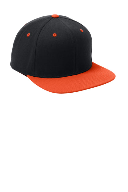 Front View of Black/Orange Sport-Tek YP Classics Flat Bill Snapback Cap. STC19 plain