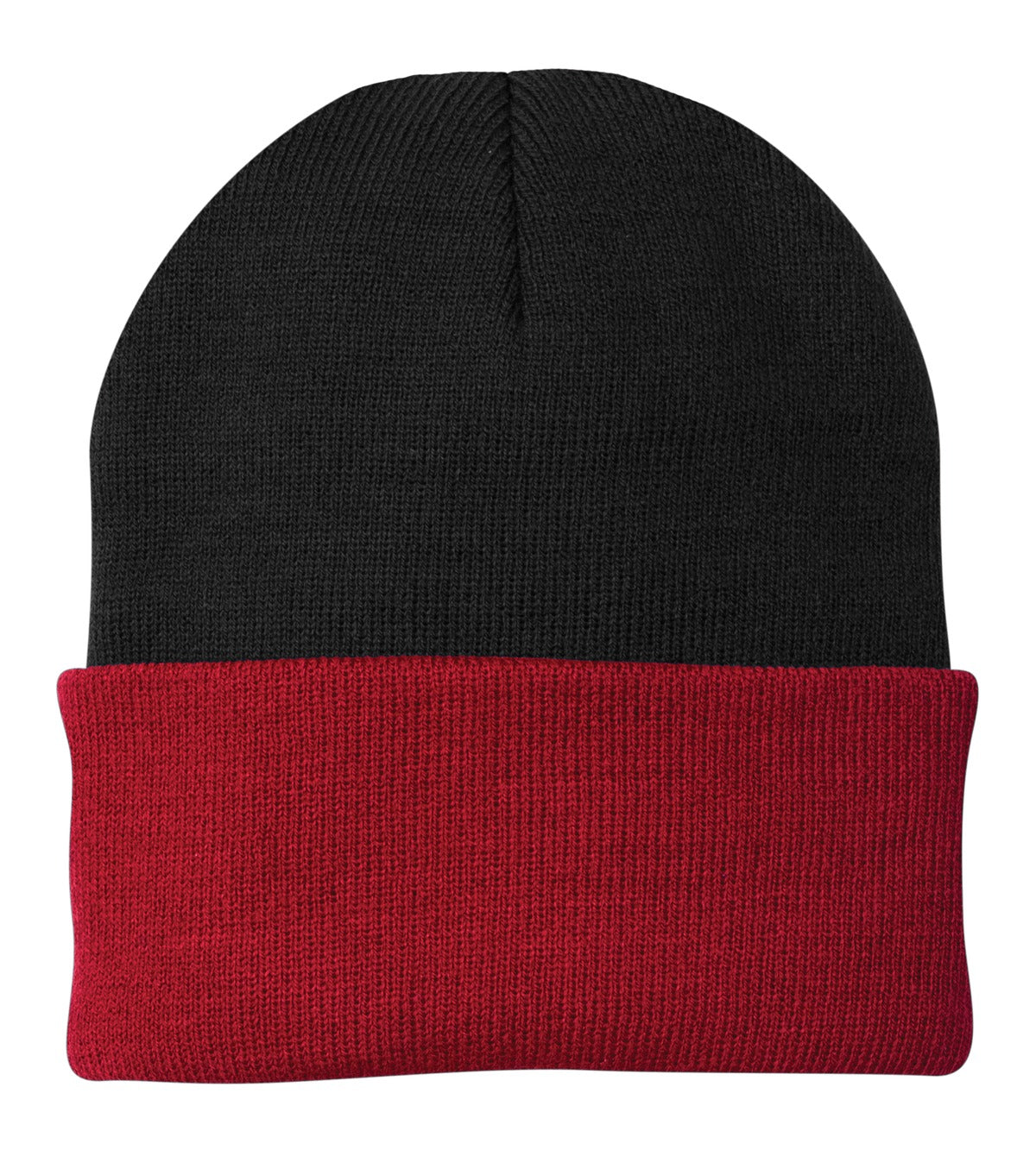 Front View of Black/Red Port Authority Knit Cap. CP90 plain