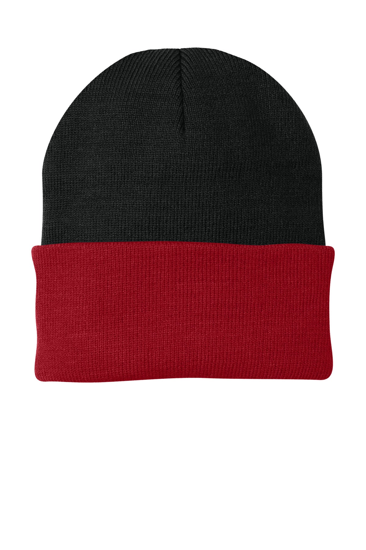 Front View of Black/Red Port Authority Knit Cap. CP90 plain