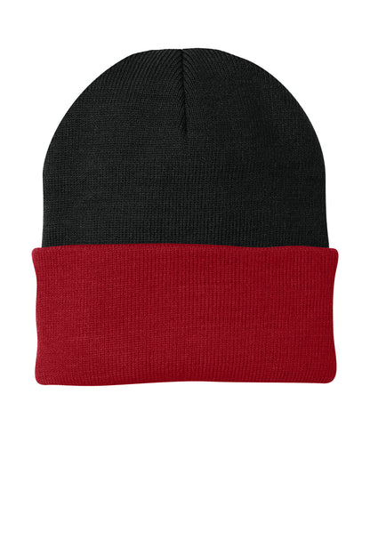 Front View of Black/Red Port Authority Knit Cap. CP90 plain