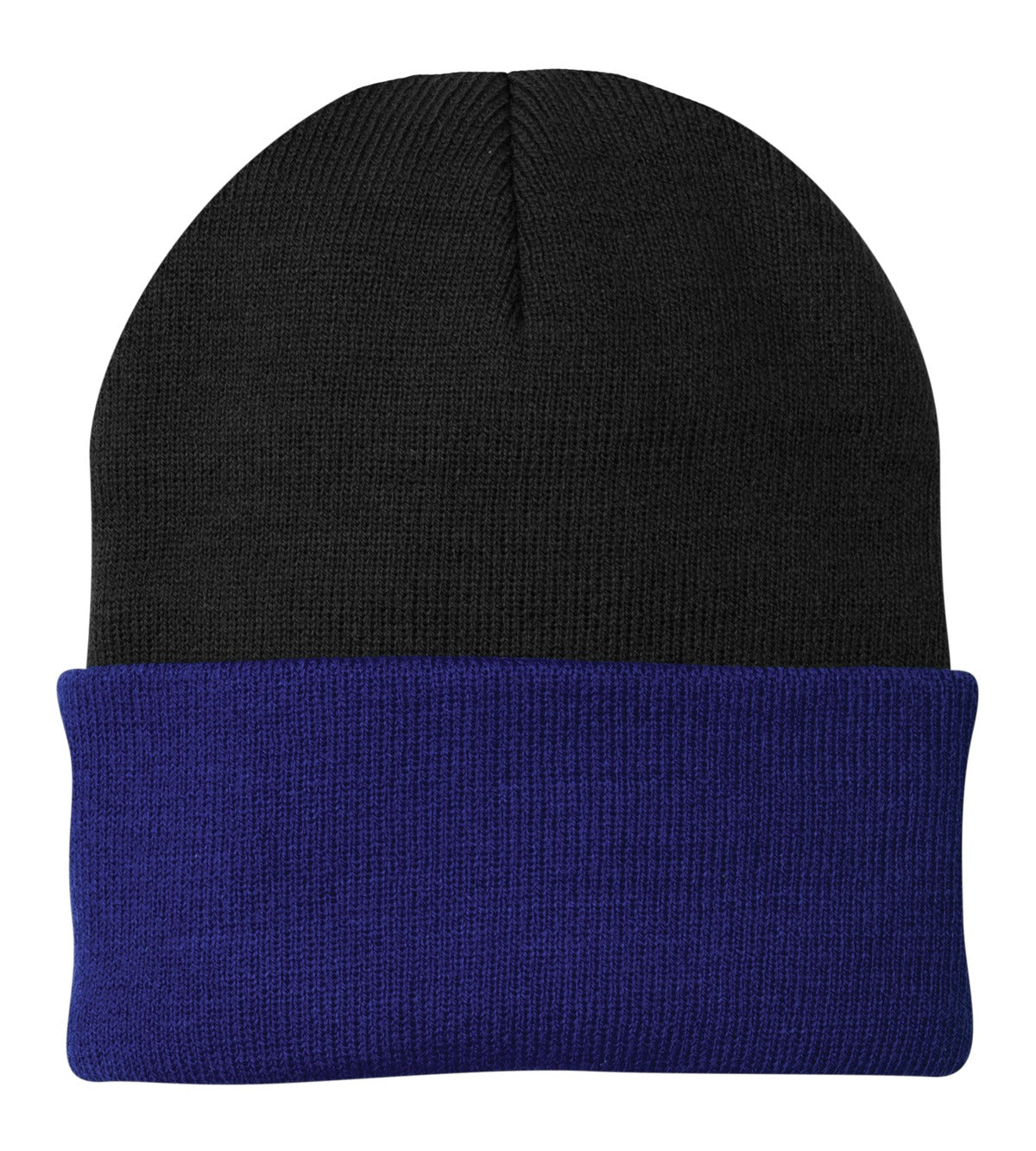 Front View of Black/Royal Port Authority Knit Cap. CP90 plain
