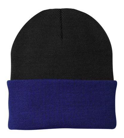 Front View of Black/Royal Port Authority Knit Cap. CP90 plain
