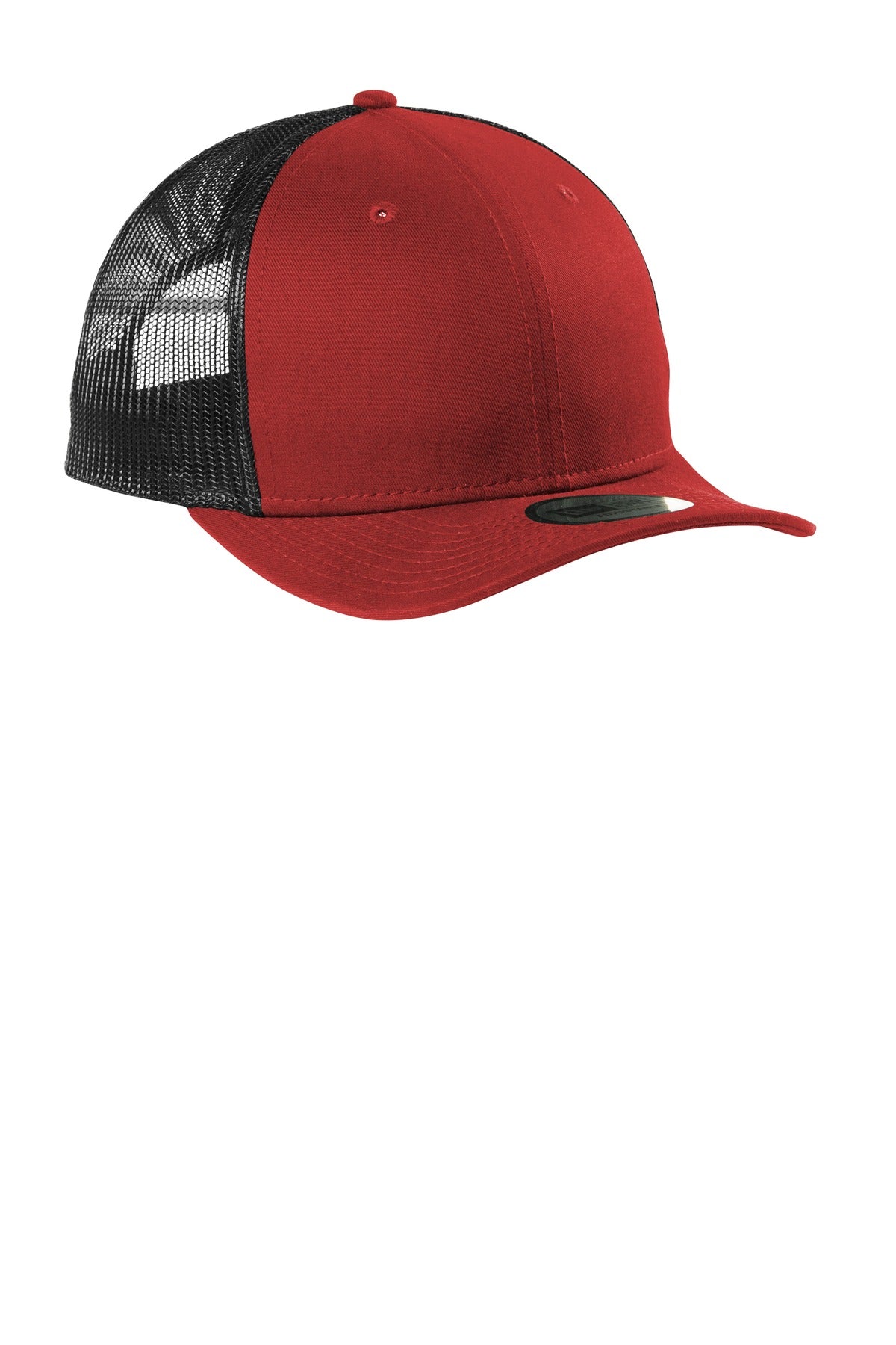 Front View of Black/Scarlet New Era Snapback Low Profile Trucker Cap NE207 plain