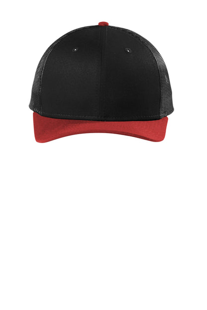 Front View of Black/Scarlet New Era Snapback Low Profile Trucker Cap NE207 plain