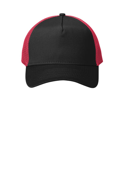Front View of Black/Scarlet New Era Snapback Trucker Cap. NE205 plain